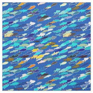 School of fish, dark blue, white, turquoise fabric