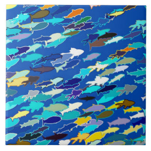 School of fish, dark blue, white, turquoise tile