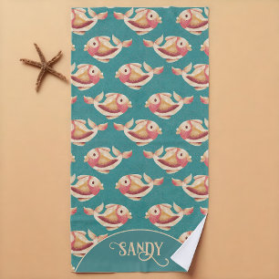 School of fish gold and teal beach coastal bliss beach towel