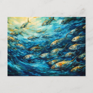 School of Fish in Expressive Ocean Painting Postcard