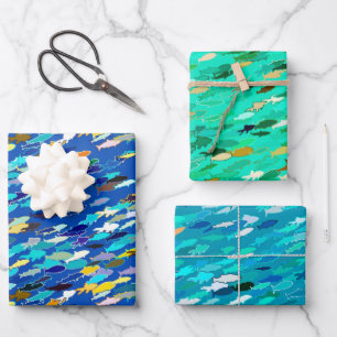 School of Fish, on Dark Blue, Aqua and Turquoise Wrapping Paper Sheet