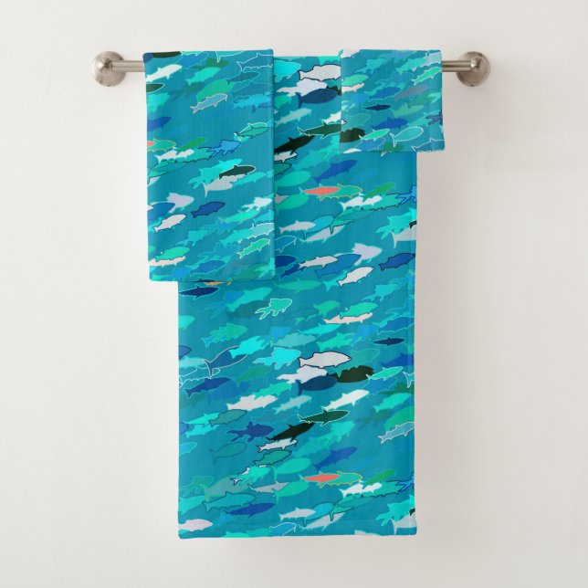School of Fish, Turquoise,  Blue and Aqua  Bath Towel Set (Insitu)