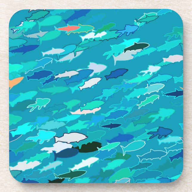 School of Fish, Turquoise,  Blue and Aqua  Coaster (Front)