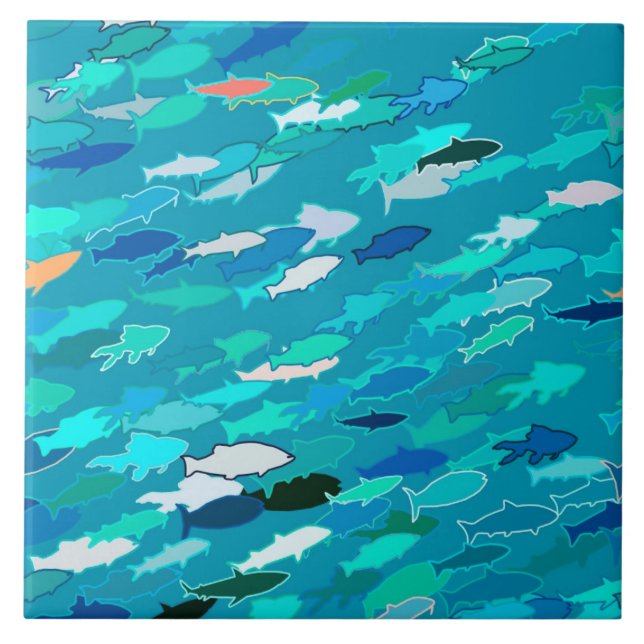School of Fish, Turquoise,  Blue and Aqua  Tile (Front)