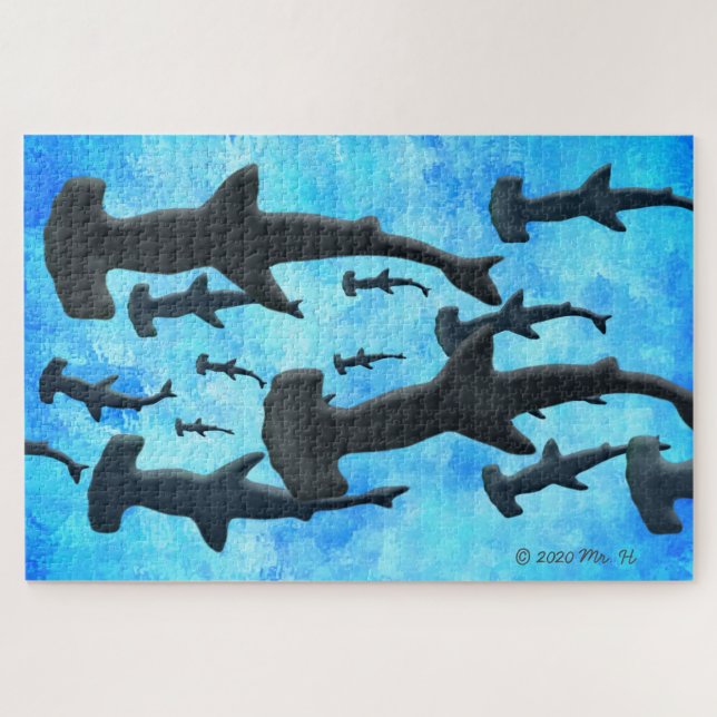 School of Hammerhead Sharks in Silhouette Jigsaw Puzzle (Horizontal)