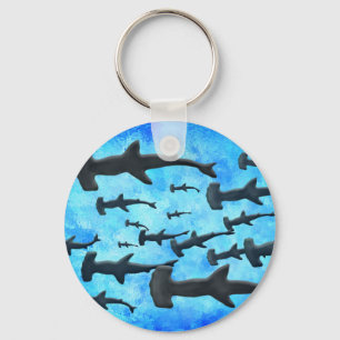 School of Hammerhead Sharks in Silhouette Key Ring