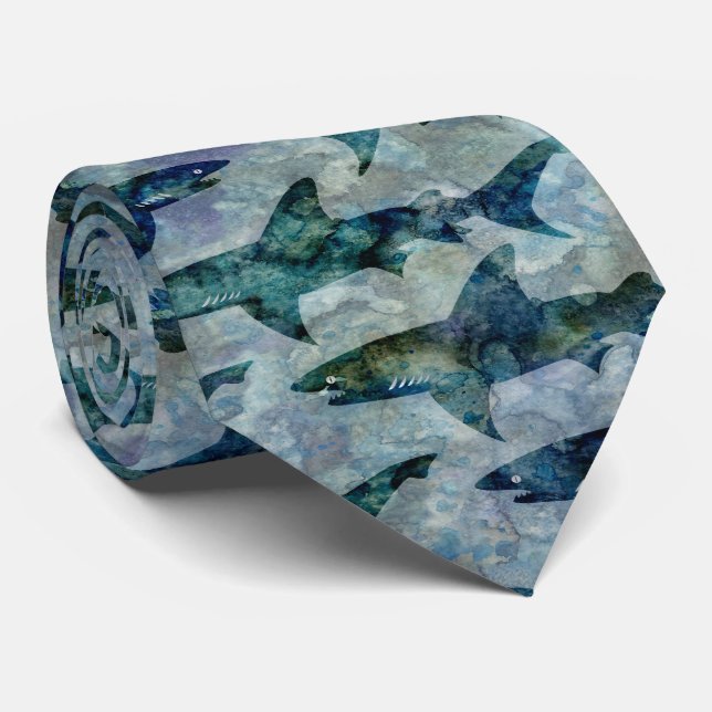 School of Sharks in Watery Blue Tie (Rolled)