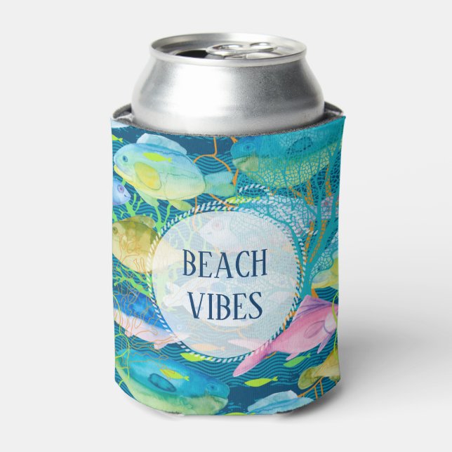 School of Tropical Fish Beach Vibes Can Cooler (Can Front)