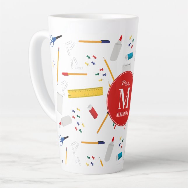 School Office & Crafts Supplies Pattern Monogram Latte Mug (Left Angle)