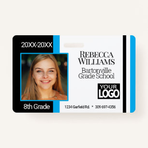 School Photo Badge - Baby Blue, Black White ID Badge