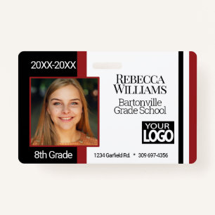 School Photo Badge - Dark Red, Black White ID Badge