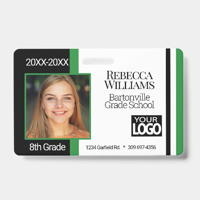 School Photo Badge - Green, Black White ID Badge (Front)