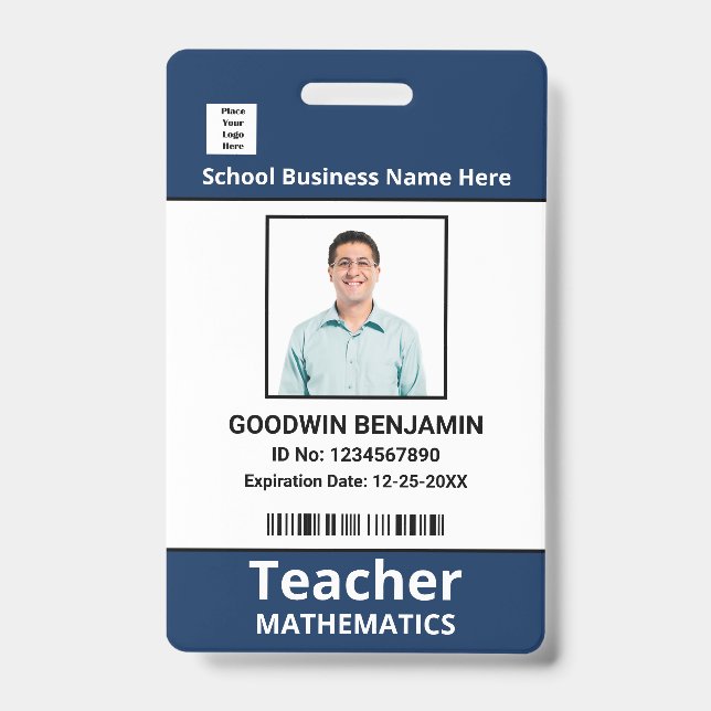 School Professional Employee Photo Bar Code Name   ID Badge (Front)