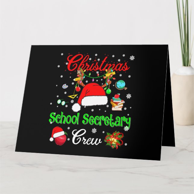 School Secretary Crew Christmas Santa Hat Reindeer Card (Front)