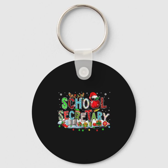 School Secretary Xmas Leopard Plaid Santa Reindeer Key Ring (Front)