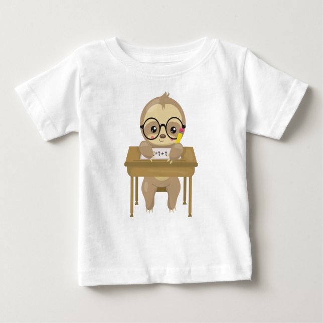 School Sloth, Cute Sloth, Baby Sloth, School Desk Baby T-Shirt (Front)