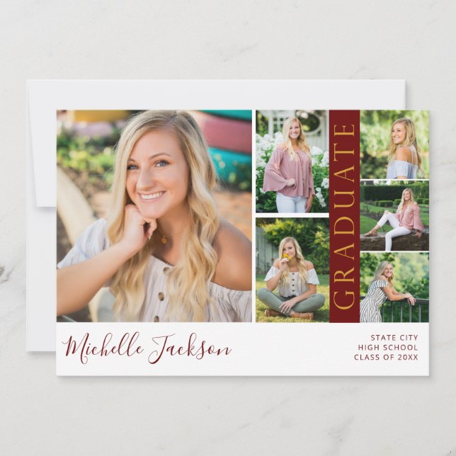 School Spirit 6 Photo Graduation Maroon G Announ Invitation (Front)