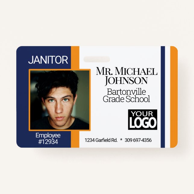 School Staff Photo Badge - Blue and Orange ID Badge (Front)