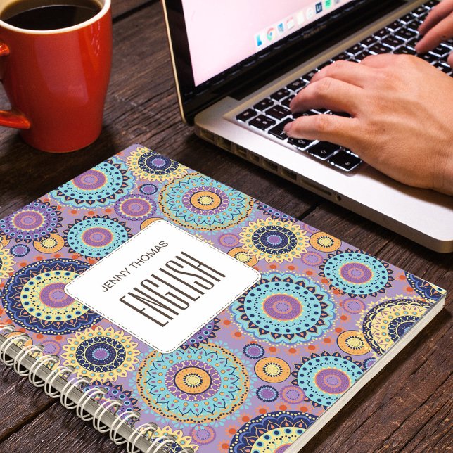 School Subject Purple Personalised Modern Notebook (School subject spiral notebook with modern colorful pattern)