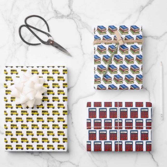 School Supplies Bus Books Calculator Class Teacher Wrapping Paper Sheet (Front)
