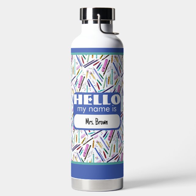 School supplies pattern water bottle (Left)
