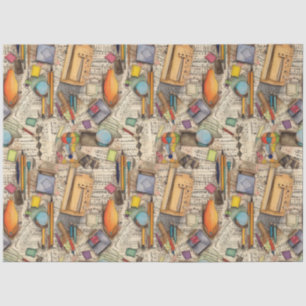 School supplies waterclor drawing collage pattern tissue paper