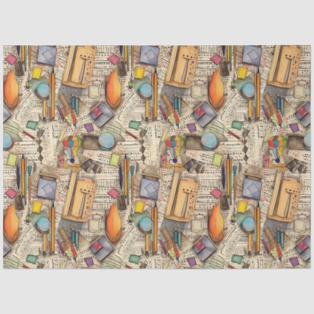 School supplies waterclor drawing collage pattern tissue paper (Front)