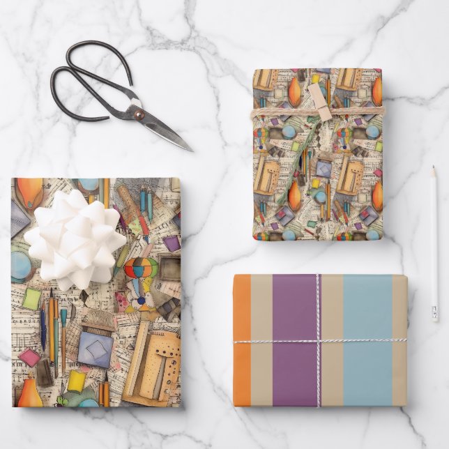 School supplies waterclor drawing collage pattern wrapping paper sheet (Front)