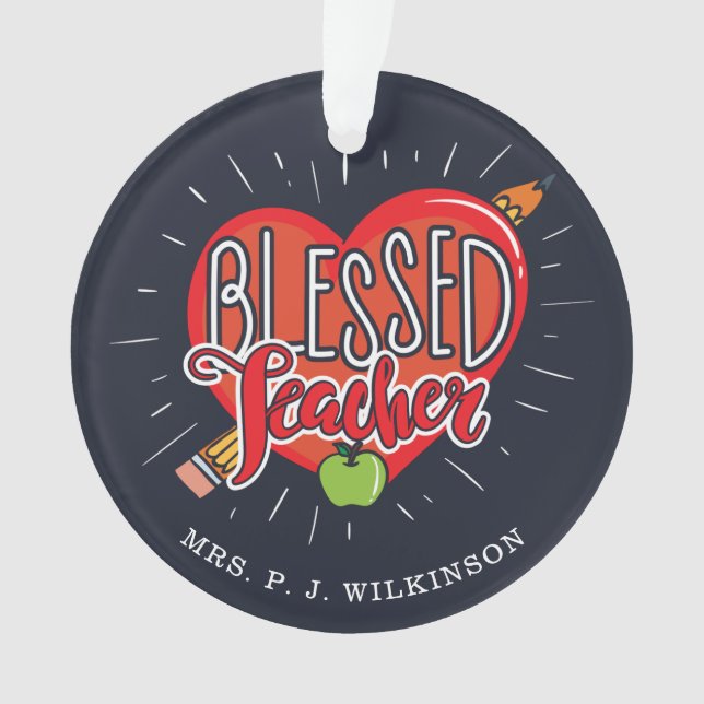 School Teacher Heart Pencil Apple Custom Ornament (Front)