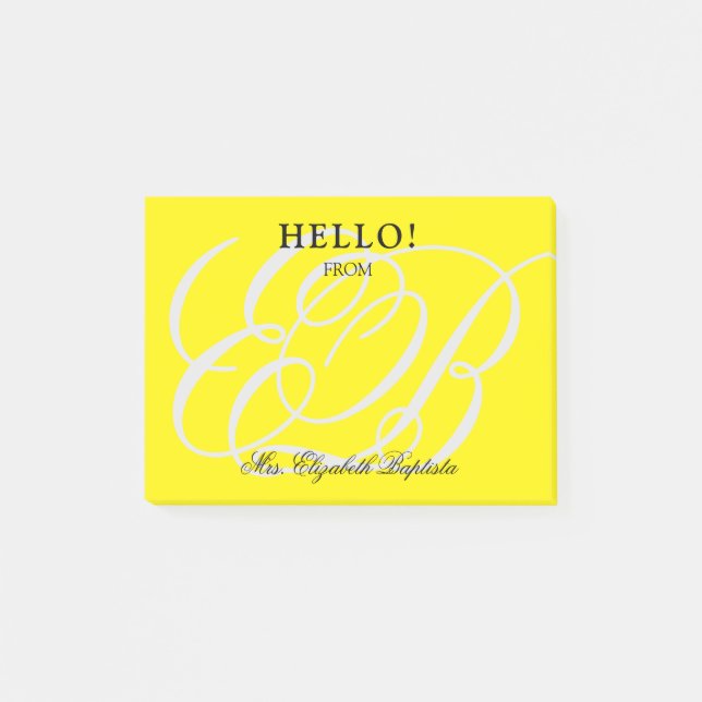 School Teacher Hello Monogrammed Yellow Post-it Notes (Front)