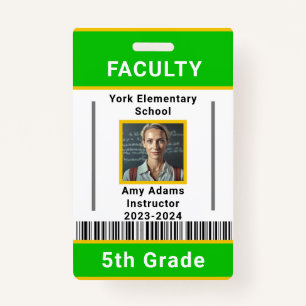 School Teacher ID Badge Template W/ Barcode Green