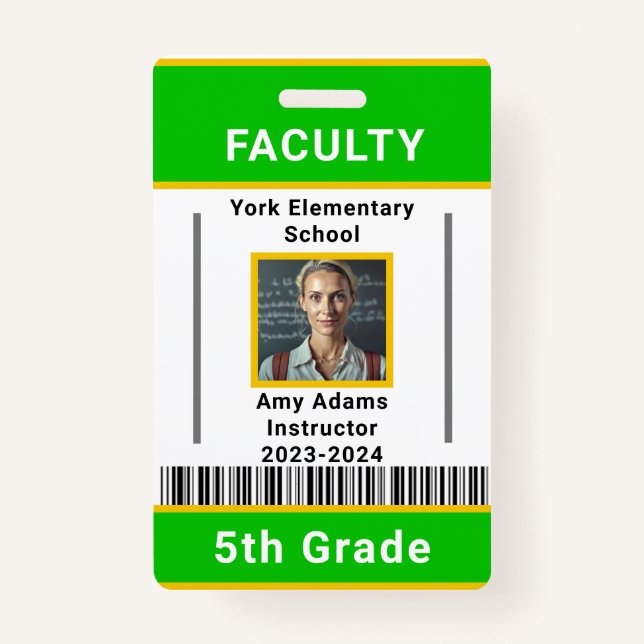 School Teacher ID Badge Template W/ Barcode Green (Front)