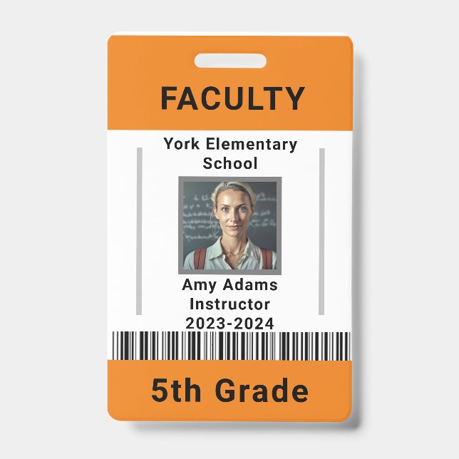 School Teacher ID Badge Template W/ Barcode Orange (Front)