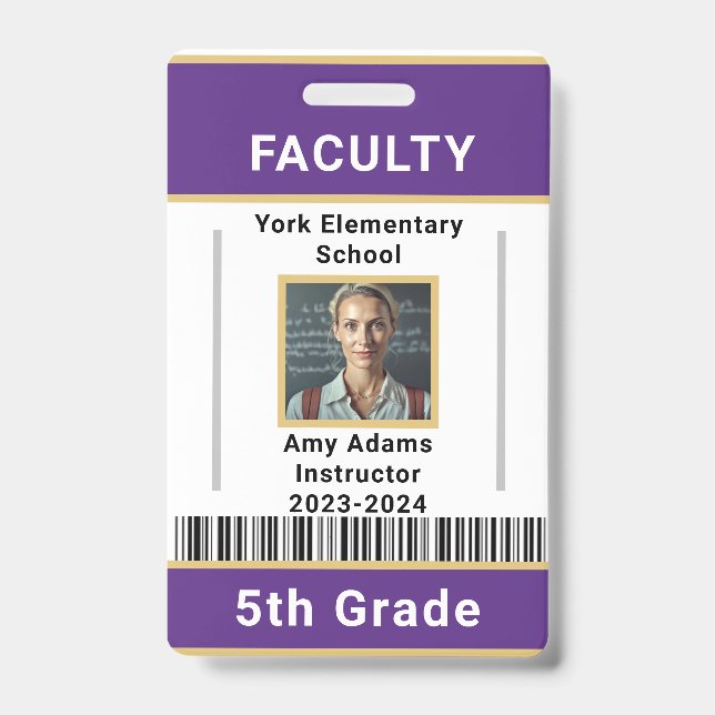 School Teacher ID Badge Template W/ Barcode Purple (Front)