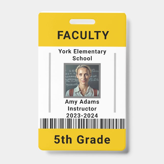 School Teacher ID Badge Template W/ Barcode Yellow (Front)