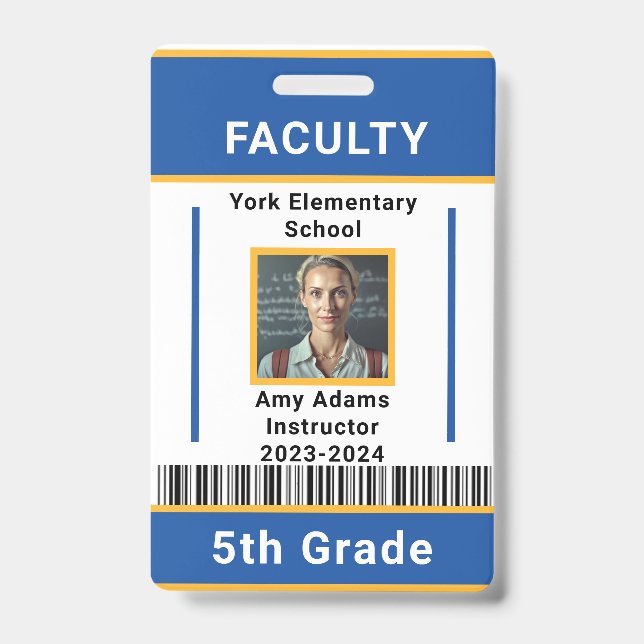 School Teacher ID Badge Template With Barcode Blue (Front)