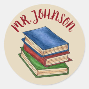 School Teacher Library Book Stack Personalised Classic Round Sticker