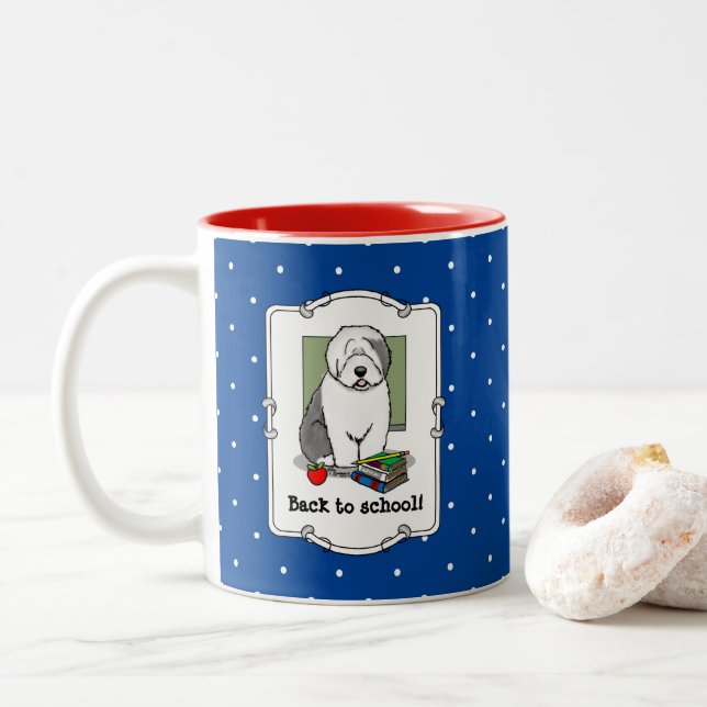 School Teacher Old English Sheepdog (Grey 1) Cute Two-Tone Coffee Mug (With Donut)