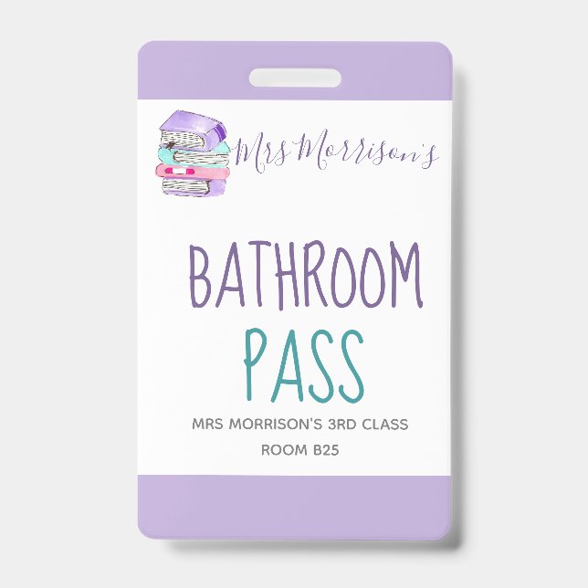 School teacher purple bathroom pass badge ID badge (Front)