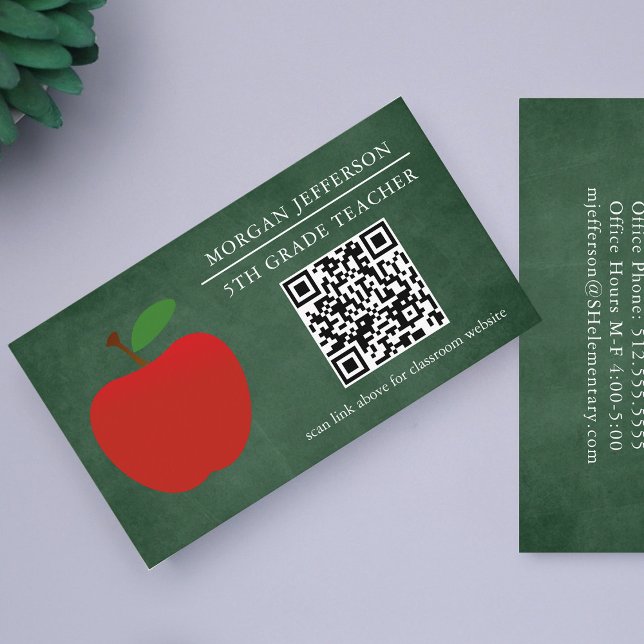 School Teacher Red Apple Chalkboard QR Code Business Card (Creator Uploaded)