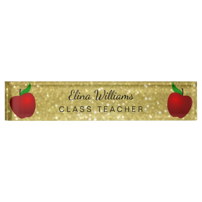 School Teacher Red Apple Gold Classic Confetti Nameplate (Front)