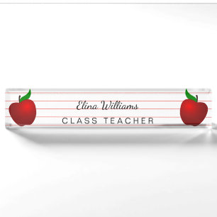 School Teacher Red Apple Ruled Lined Nameplate