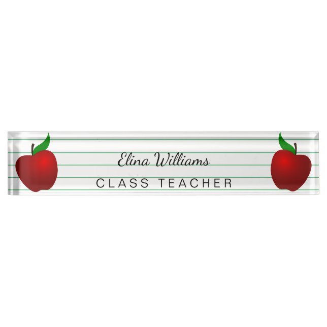 School Teacher Red Apple Ruled Lined Nameplate (Front)