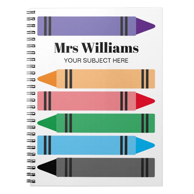 School teacher's notebook with colourful crayons (Front)