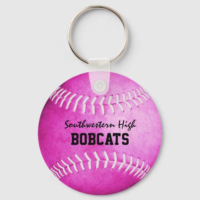 School team and player name pink softball key ring (Front)