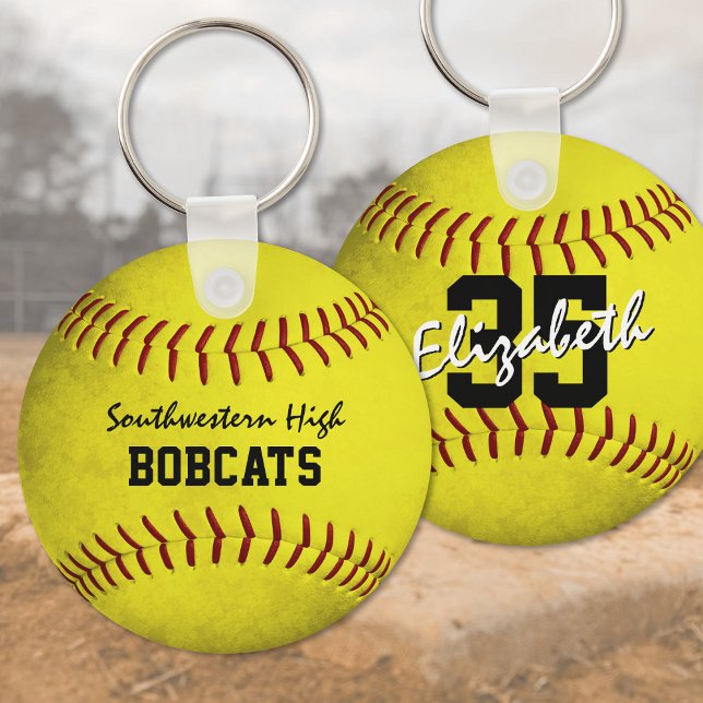 School team and player name yellow softball key ring (Creator Uploaded)