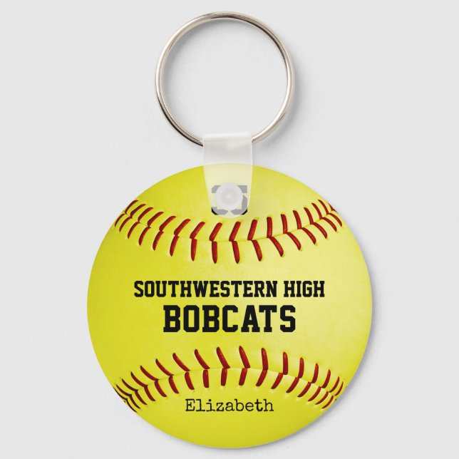 School team and player name yellow softball key ring (Front)