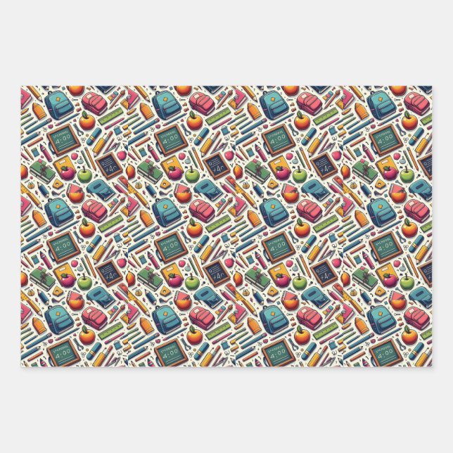 School Theme Wrapping Paper Flat Sheet Set of 3 (Front)