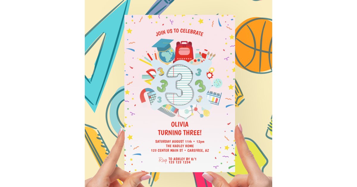 School Themed Pink 3rd Birthday Party Invitation | Zazzle