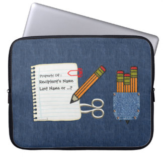 School Tools on Denim Personalised Laptop Sleeve